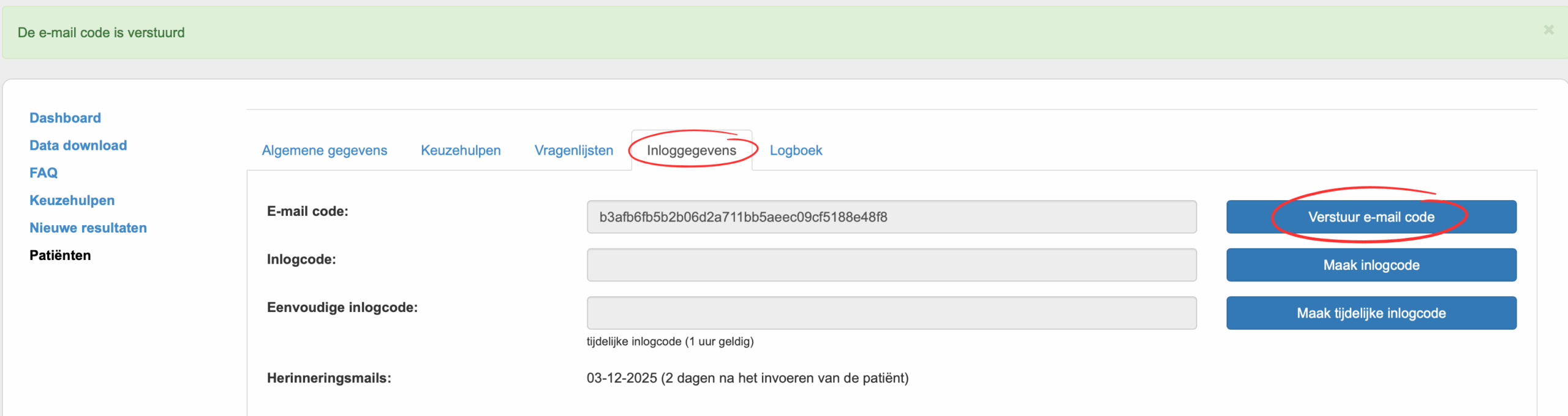 Screenshot: zo verstuur je de inlogcode
