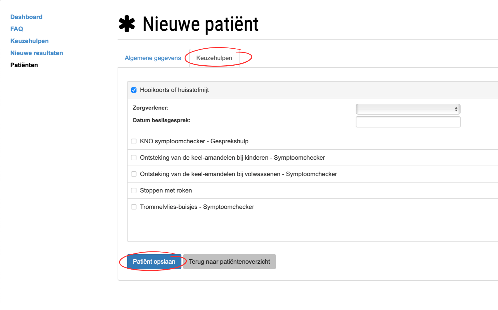 Screenshot: wijs je keuzehulpen toe aan een patiënt